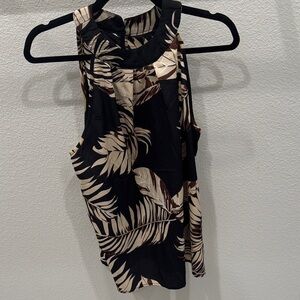 Source Unknown Black Tropical Halter Top with Cream & Brown Leaf Print